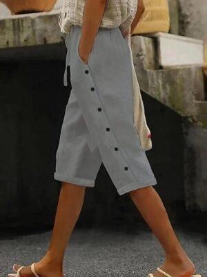 Summer Knee Length Black Cotton Linen Side Pocket Shorts - Image 4