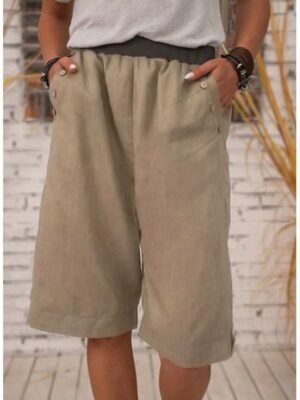 Summer Loose Plain Mid Waist Shorts - Image 1