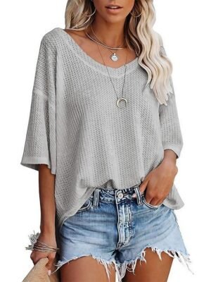 Summer Loose Solid V Neck Doll Sleeve Short Top - Image 1