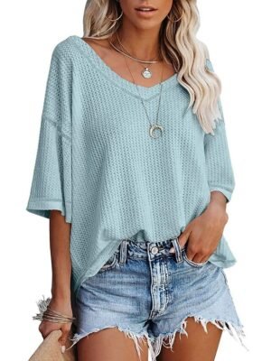Summer Loose Solid V Neck Doll Sleeve Short Top - Image 2