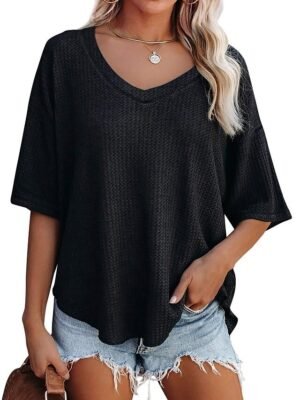 Summer Loose Solid V Neck Doll Sleeve Short Top - Image 3