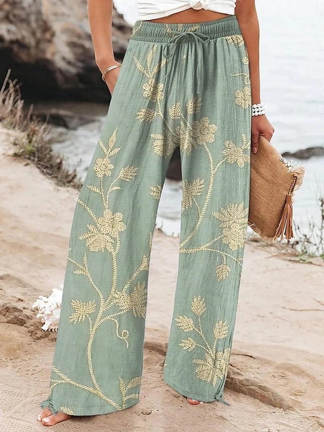 Summer Wide Leg High Waist Floral Pocket Long Trousers - Image 1