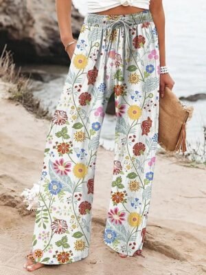 Summer Wide Leg High Waist Floral Pocket Long Trousers - Image 2