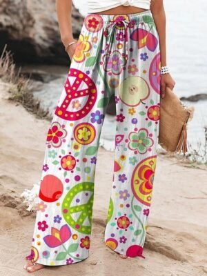 Summer Wide Leg High Waist Floral Pocket Long Trousers - Image 3