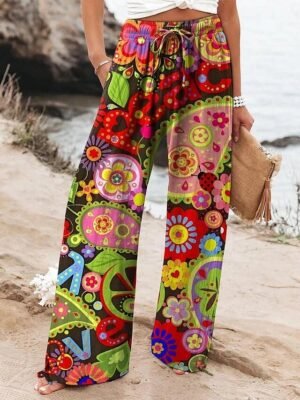 Summer Wide Leg High Waist Floral Pocket Long Trousers - Image 4