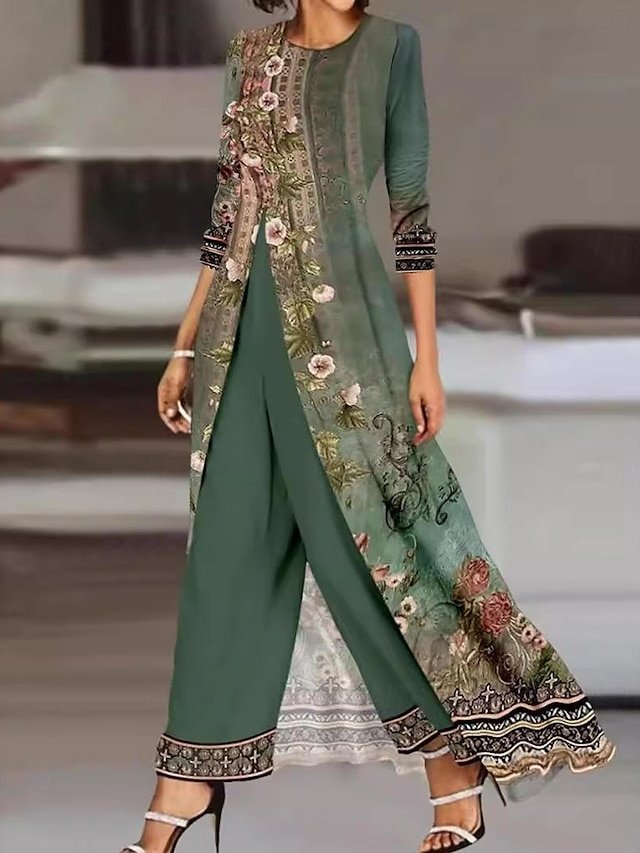 Traditional Comfort Fit Floral Crew Neck Palazzo Set - Image 1