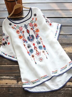 Tribal Basic Crew Neck Short Sleeve Shirt Blouse - Image 1