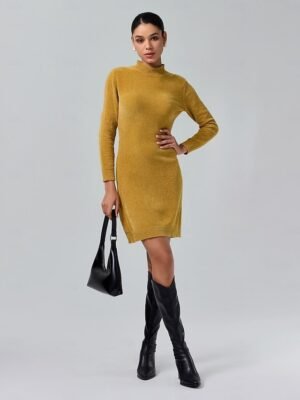 Urban Cleanfit Solid Colour High Neck Long Sleeve Midi Sweater Dress - Image 4