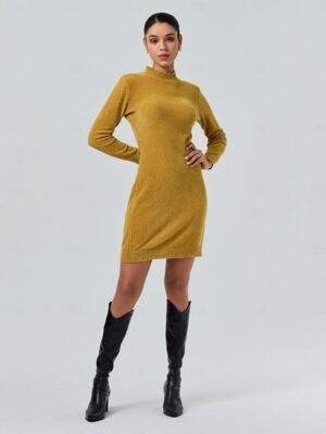 Urban Cleanfit Solid Colour High Neck Long Sleeve Midi Sweater Dress - Image 5