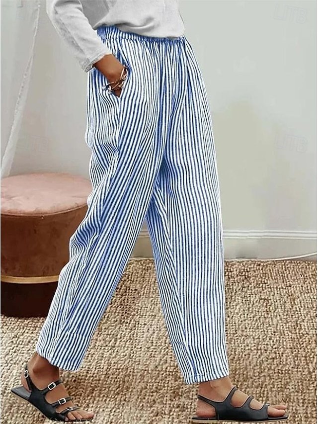 Vacation Baggy Striped High Waist Full Length Pants - Image 2