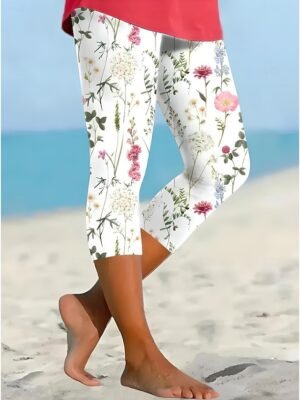 Vacation Casual Capri Floral Mid Waist Ankle-Length Leggings - Image 1
