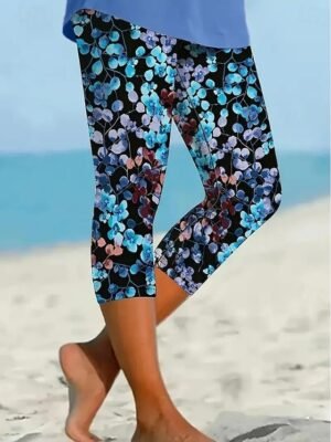 Vacation Casual Floral Mid Waist Capri Leggings - Image 1