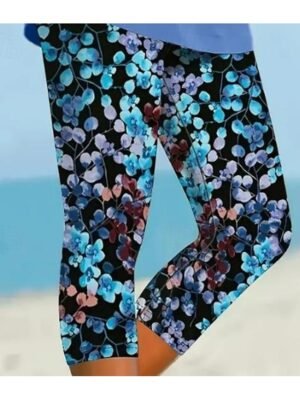 Vacation Casual Floral Mid Waist Capri Leggings - Image 3