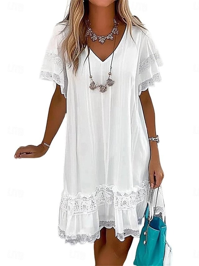Vacation Casual Lace Patchwork V Neck Short Sleeve Mini Dress - Image 3