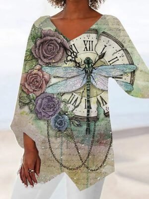 Vacation Casual Print V Neck Long Sleeve Asymmetrical Hem Tops - Image 1