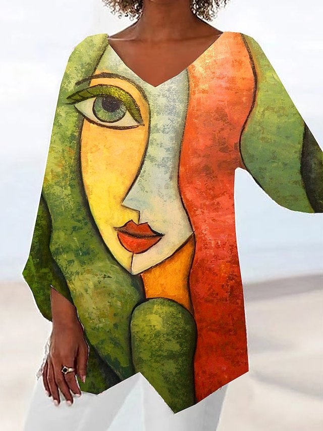 Vacation Casual Print V Neck Long Sleeve Asymmetrical Hem Tops - Image 2