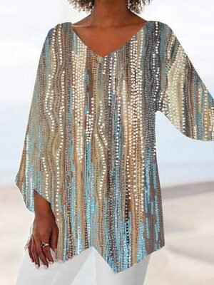 Vacation Casual Print V Neck Long Sleeve Asymmetrical Hem Tops - Image 3