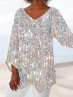 Vacation Casual Print V Neck Long Sleeve Asymmetrical Hem Tops - Image 5