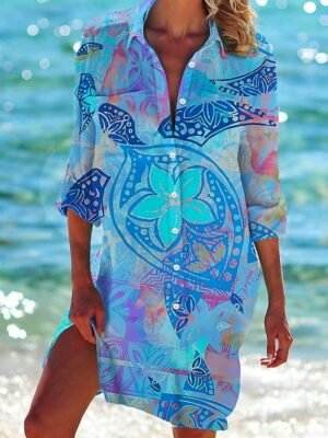 Vacation Flowy Graphic Collared Long Sleeve Mini Shirt Dress - Image 1