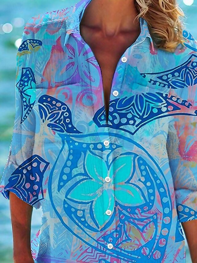 Vacation Flowy Graphic Collared Long Sleeve Mini Shirt Dress - Image 2