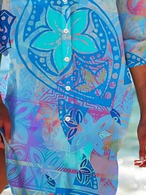 Vacation Flowy Graphic Collared Long Sleeve Mini Shirt Dress - Image 3