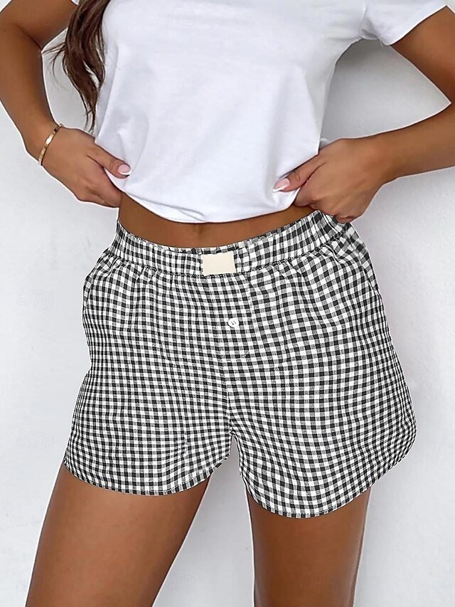 Vacation High Waist Plaid Elastic Waistband Chino Shorts - Image 2
