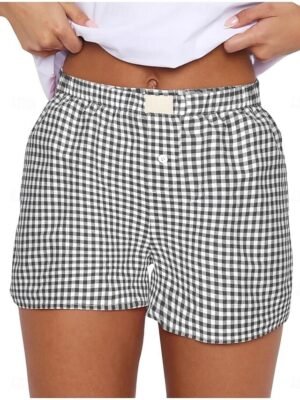 Vacation High Waist Plaid Elastic Waistband Chino Shorts - Image 3