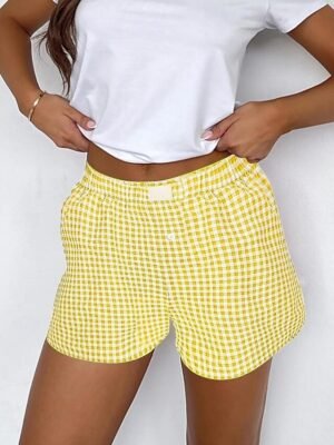 Vacation High Waist Plaid Elastic Waistband Chino Shorts - Image 5