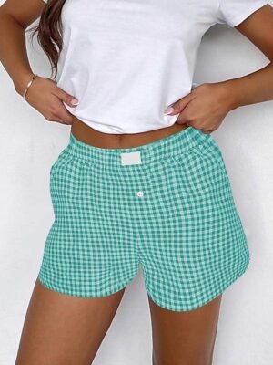 Vacation High Waist Plaid Elastic Waistband Chino Shorts - Image 8