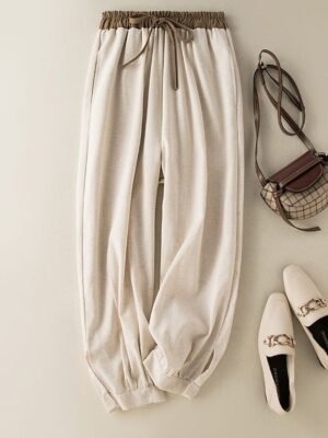 Vacation High Waist Plain Drawstring Ankle-Length Harem Trousers - Image 1