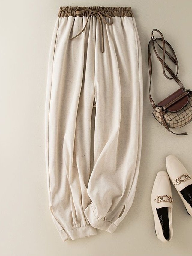 Vacation High Waist Plain Drawstring Ankle-Length Harem Trousers - Image 1