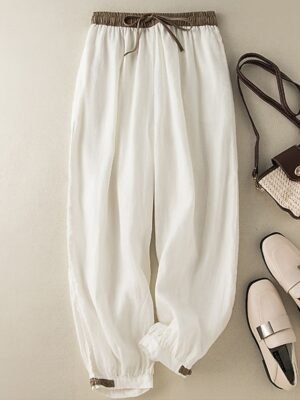 Vacation High Waist Plain Drawstring Ankle-Length Harem Trousers - Image 3
