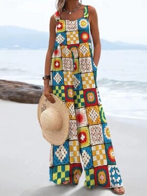 Vacation Loose Fit Floral Sleeveless Wide Leg Dungarees - Image 3