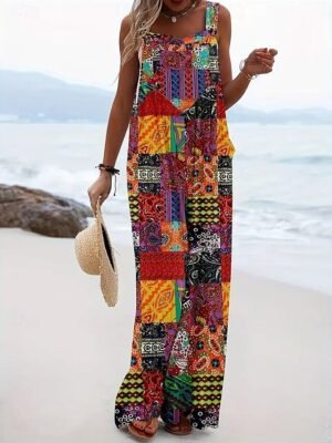 Vacation Loose Fit Floral Sleeveless Wide Leg Dungarees - Image 3