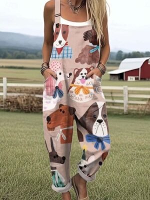 Vacation Loose Fit Graphic Sleeveless Print Dungarees - Image 2