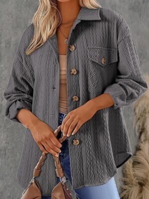 Vacation Loose Fit Solid Colour Button Long Sleeve Outerwear - Image 4