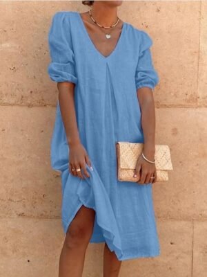 Vacation Loose Fit Solid V Neck Lantern Sleeve Midi Smock Dress - Image 1