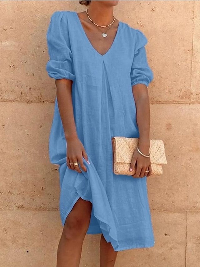 Vacation Loose Fit Solid V Neck Lantern Sleeve Midi Smock Dress - Image 1