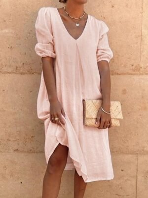 Vacation Loose Fit Solid V Neck Lantern Sleeve Midi Smock Dress - Image 4