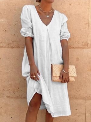 Vacation Loose Fit Solid V Neck Lantern Sleeve Midi Smock Dress - Image 5
