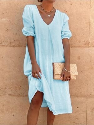 Vacation Loose Fit Solid V Neck Lantern Sleeve Midi Smock Dress - Image 6