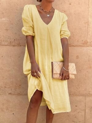 Vacation Loose Fit Solid V Neck Lantern Sleeve Midi Smock Dress - Image 7