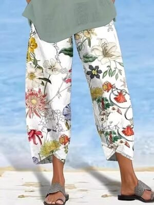 Vacation Loose Floral High Waist Calf-Length Chinos - Image 1