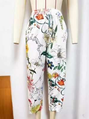 Vacation Loose Floral High Waist Calf-Length Chinos - Image 4