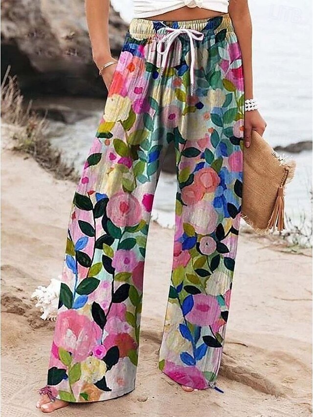 Vacation Loose Floral High Waist Full Length Wide Leg Chinos - Image 1