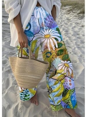 Vacation Loose Floral High Waist Full Length Wide Leg Chinos - Image 3