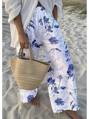 Vacation Loose Floral High Waist Full Length Wide Leg Chinos - Image 4