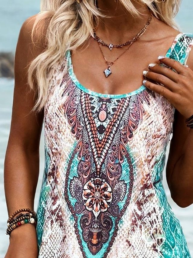 Vacation Loose Graphic Paisley U Neck Sleeveless Mini Dress - Image 2