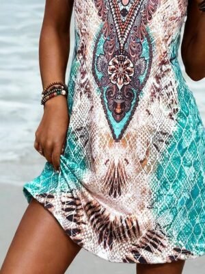 Vacation Loose Graphic Paisley U Neck Sleeveless Mini Dress - Image 3