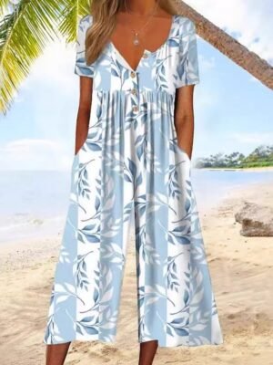 Vacation Regular Fit Floral Round Neck Short Sleeve Wide Leg Jumpsuit - Image 3